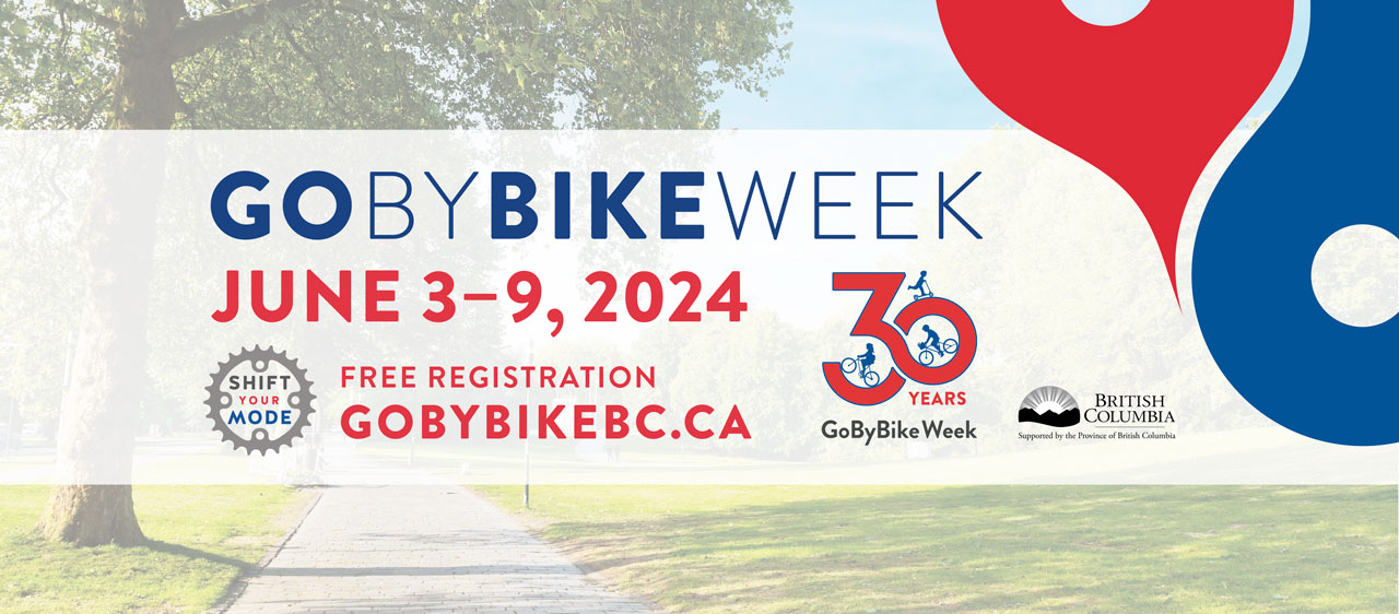 GoByBike Week banner, featuring info overlaid on a photo of a bike path on a sunny day