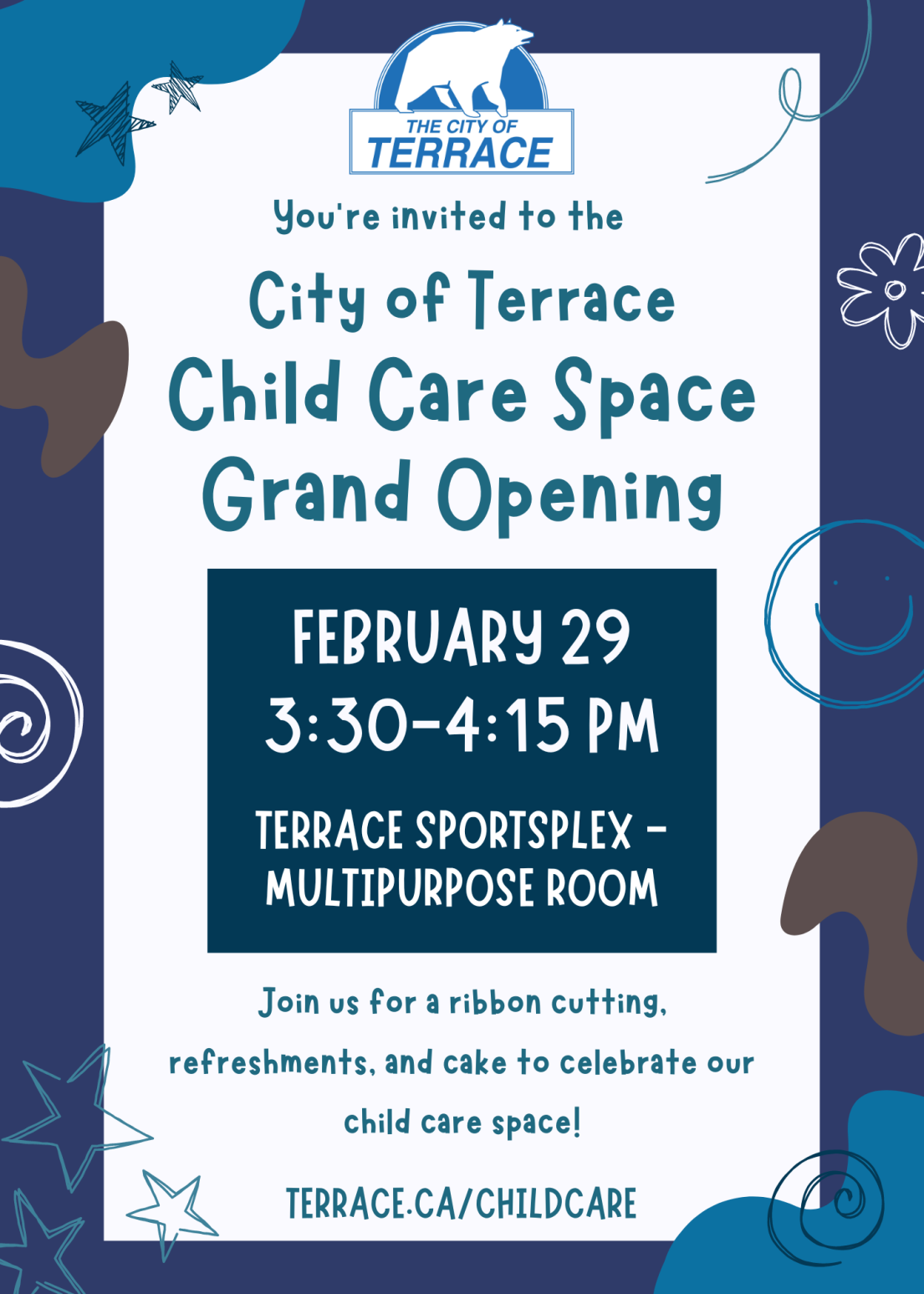 invitation to the grand opening of the child care space, with fun hand-drawn shapes around the edges of the page