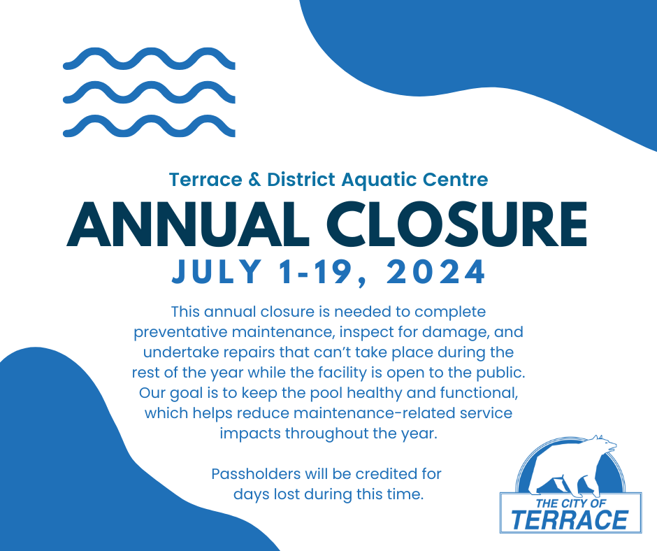 poster for annual closure at the pool - blue and white colour blocks with waves, but mostly text heavy description of closure, as explained in detailbelow.