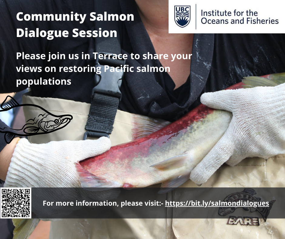 closeup photo of the chest of someone in waders and gloves holding a salmon, with text overlay about the event, as explained below