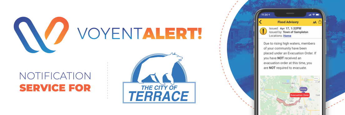 phone with sample flood advisory on-screen, alongside City of Terrace and Voyent Alert logos