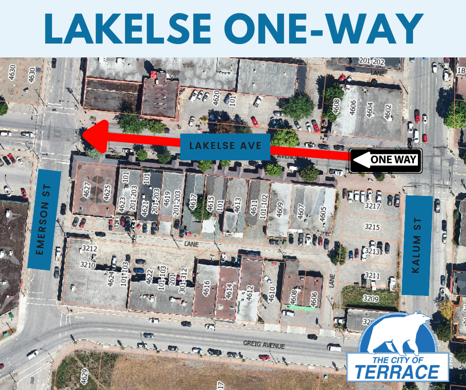 a map of Lakelse Ave, with arrow showing one-way traffic