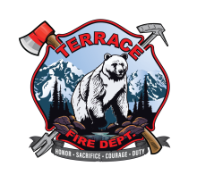 Terrace Fire Department logo, a crest with a Kermode bear in the middle and snow-capped mountains in the background.
