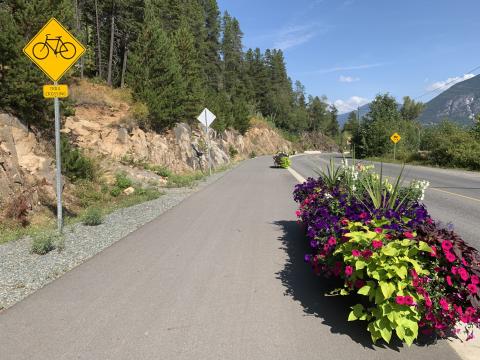 Flower baskets on walking pathway